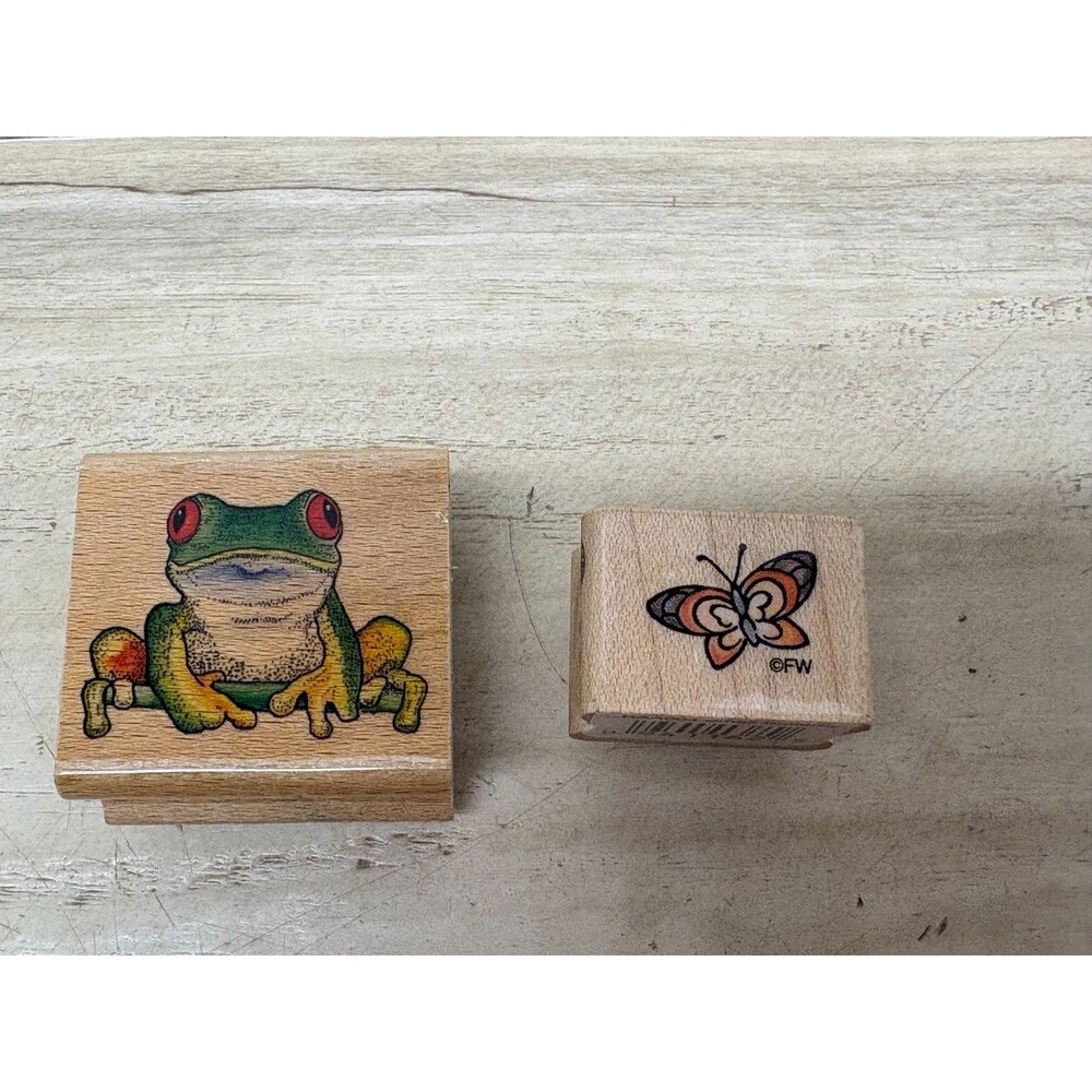 Set Of 2 Mixed Brands Wood Mounted Rubber Stamps Frog & Small Butterfly